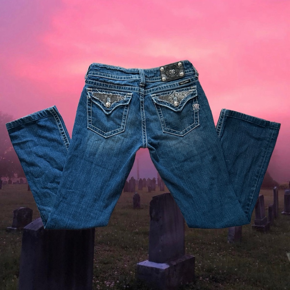 y2k Miss Me low rise Jeans with black rhinestone button flap size 29